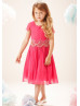 Beaded Neck Coral Chiffon Tea Length Flower Girl Dress